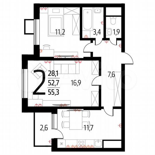 2-к. квартира, 55,3 м², 12/15 эт.