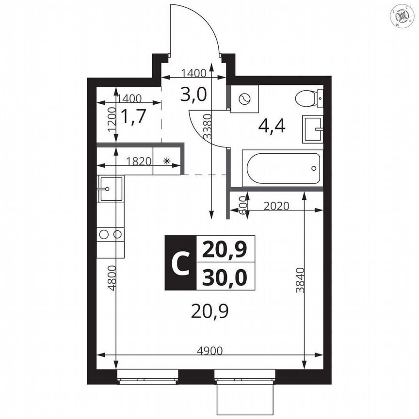 Квартира-студия, 30 м², 9/15 эт.