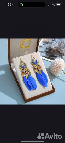 Серьги с перьями синие восточные