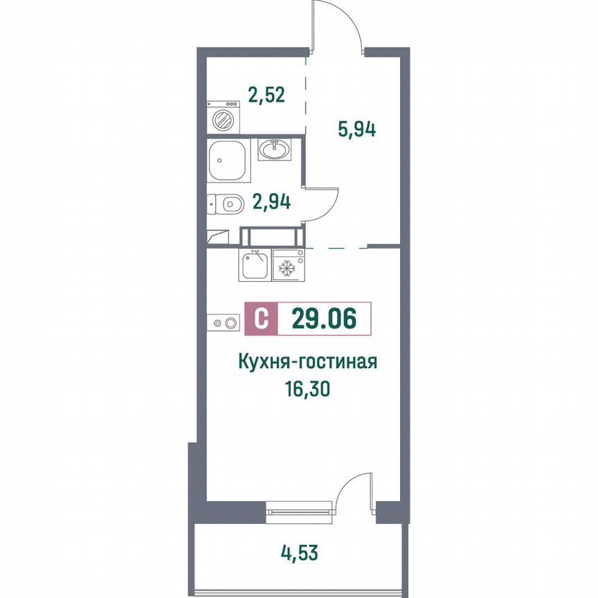 Квартира-студия, 29,1 м², 12/16 эт.