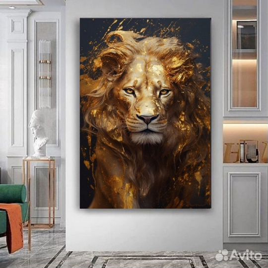 Большая картина маслом золотой лев Примерка