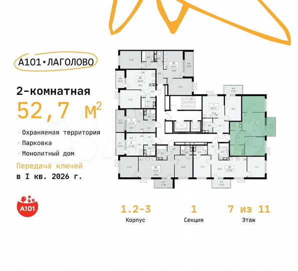 2-к. квартира, 52,7 м², 7/11 эт.