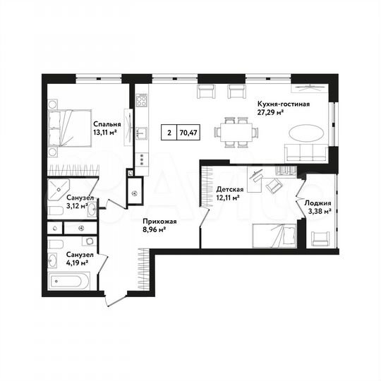 2-к. квартира, 70,5 м², 21/25 эт.