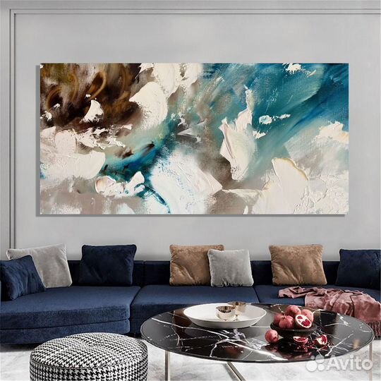 Белая абстракция маслом. Синяя Интерьерная картина