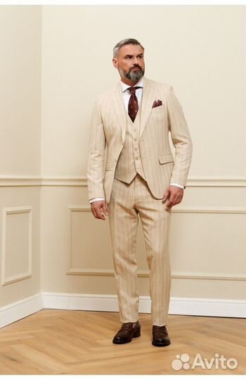 Бежевый костюм тройка в полоску ASOS