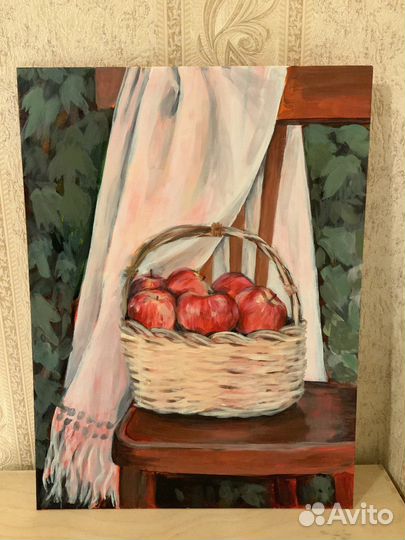 Картина акрилом. Яблоки в корзине.Ручная работа