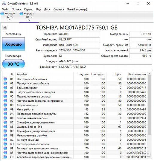 Жесткий диск 750GB Toshiba MQ01ABD075