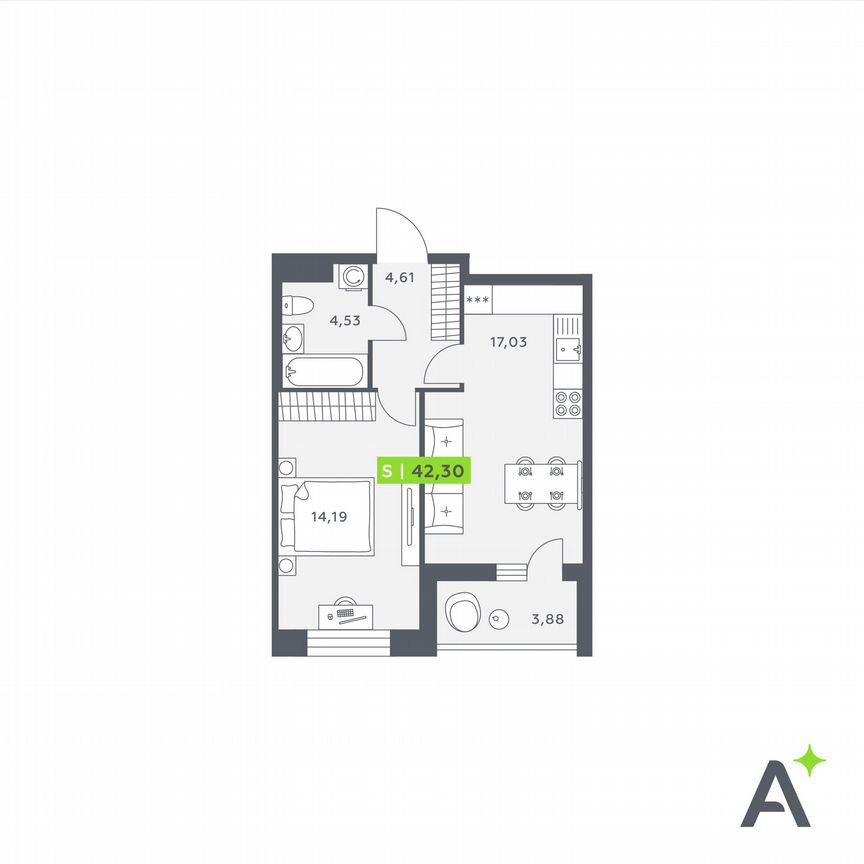 1-к. квартира, 42,3 м², 2/12 эт.