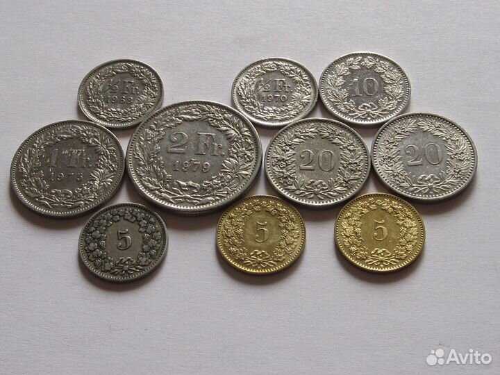 10 монет Швейцарии из недраг. металлов 1893-2011