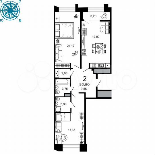 2-к. квартира, 80,6 м², 5/19 эт.
