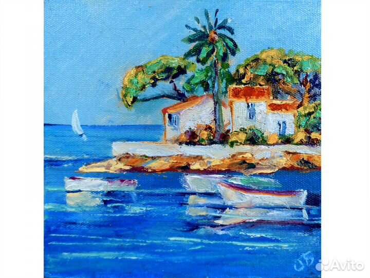 Картина маслом море лодки южный пейзаж 20 на 20