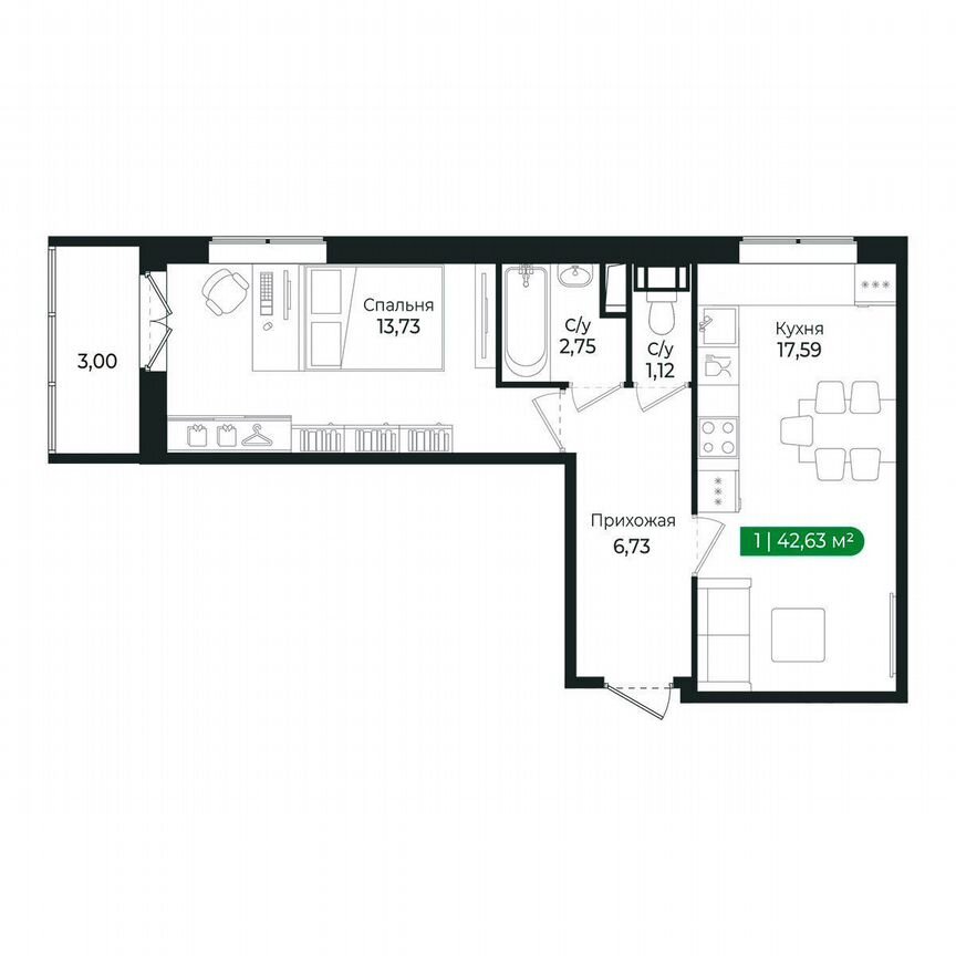 1-к. квартира, 42,6 м², 5/8 эт.