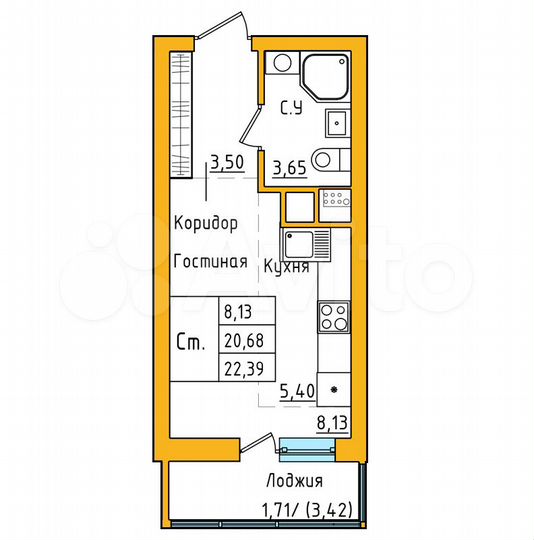 Квартира-студия, 22,4 м², 5/27 эт.