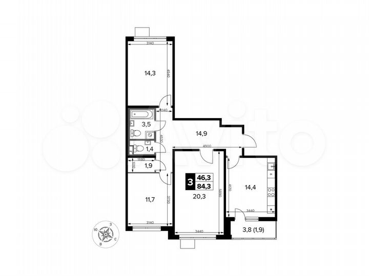 3-к. квартира, 84,3 м², 14/24 эт.