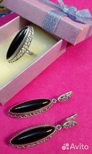 Винтажный комплект: кольцо и серьги (серебро)