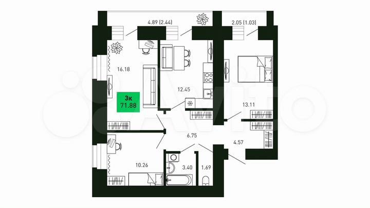 3-к. квартира, 71,9 м², 1/16 эт.