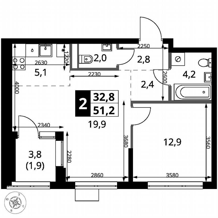1-к. квартира, 51,2 м², 2/18 эт.