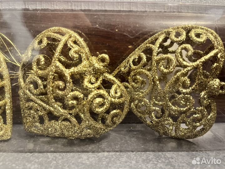 Елочные игрушки сердечки золотые 3 шт