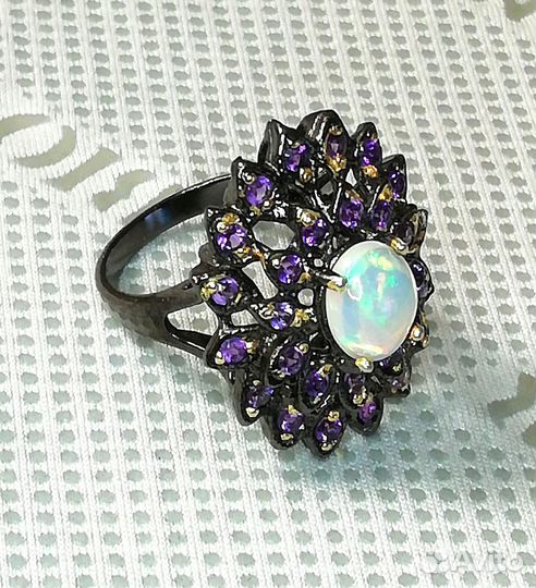 Кольцо серебро опал, аметист разм.17,0 К181