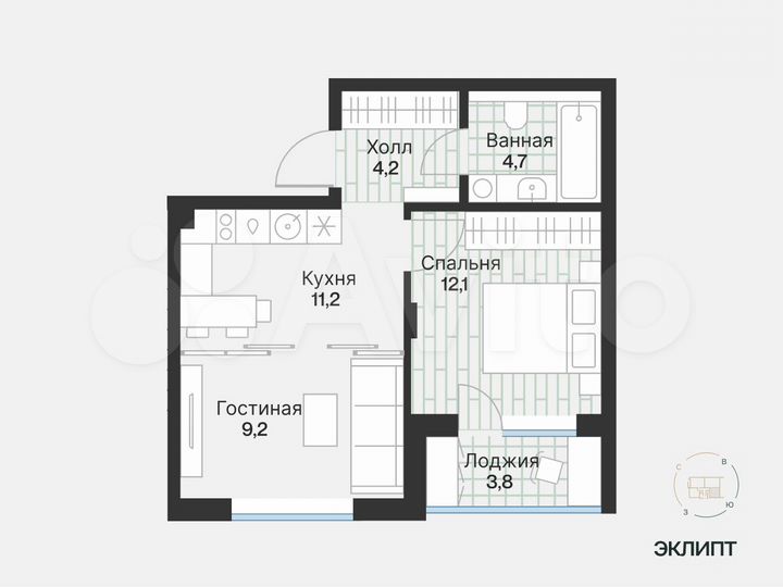 1-к. квартира, 43,2 м², 2/4 эт.