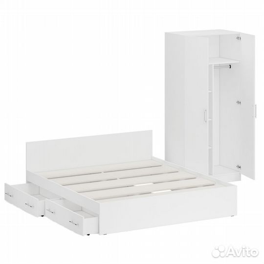 Кровать белая двуспальная с ящиками 1800 со шкафом для одежды 2-х створчатым Стандарт, цвет белый, с