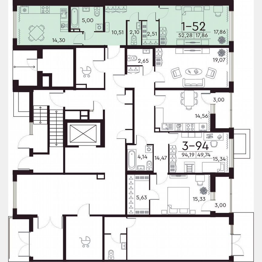 1-к. квартира, 52,3 м², 2/8 эт.