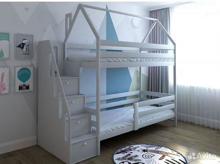 Двухъярусная детская кровать домик с лестницей ком
