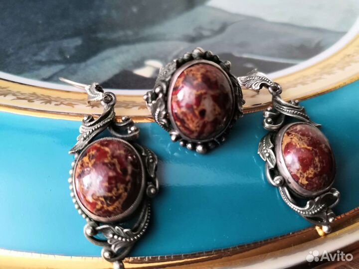 Серьги Кольцо СССР Мельхиор Яшма Уникальная работа