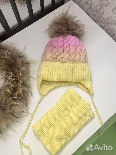 Комплект шапка, шарф снуд, воротник енот