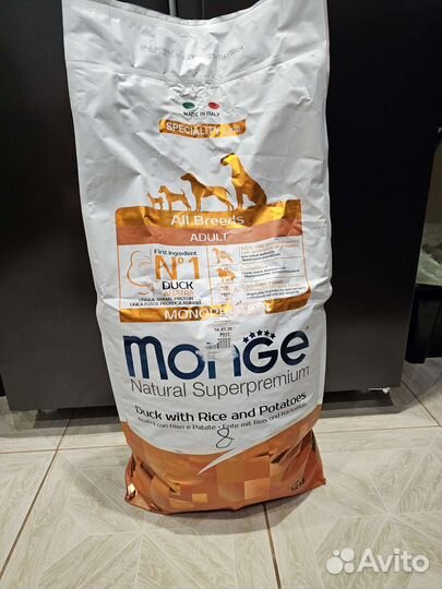 Корм Monge adult 12 кг, утка и говядина