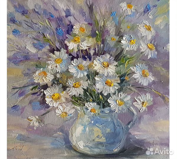 Картина букет цветов ромашки маслом на холсте