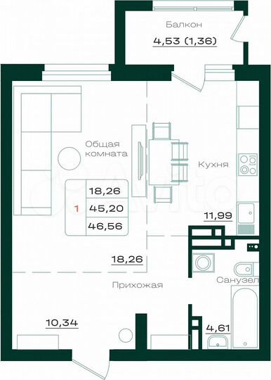 1-к. квартира, 46,6 м², 17/17 эт.