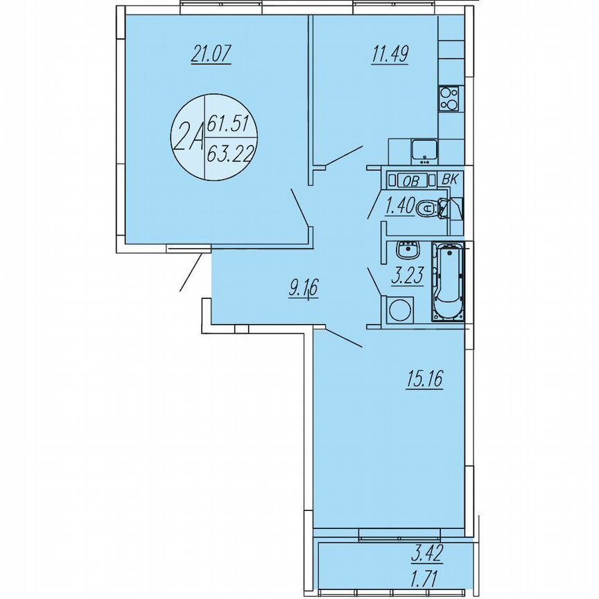 2-к. квартира, 63,2 м², 1/4 эт.