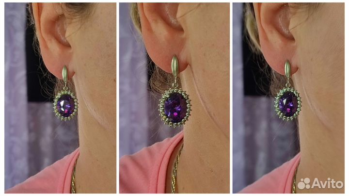 Крупные серьги и подвеска с аметистами серебро 925