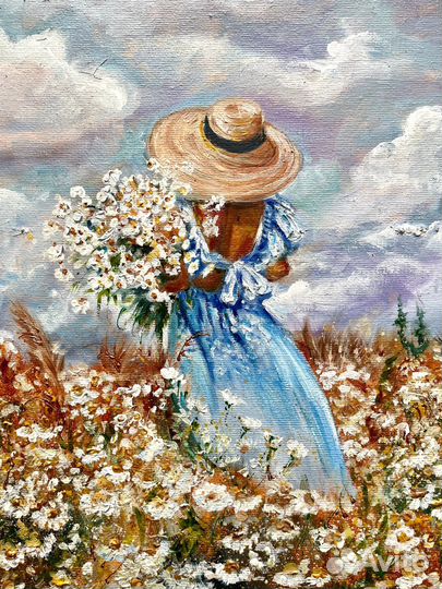 Картина маслом Девушка с ромашками 40х40 см