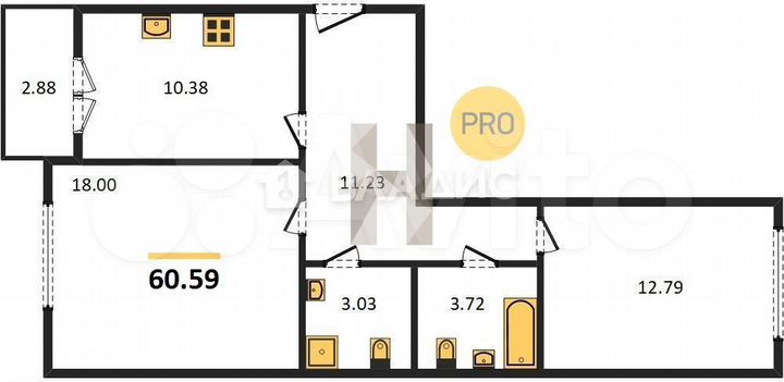 2-к. квартира, 60,6 м², 8/9 эт.