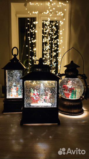 Новогодний фонарь со снегом и с подсветкой