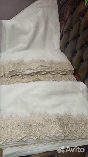 Тюль сетка белая 3шт с матовой золотой вышивкой