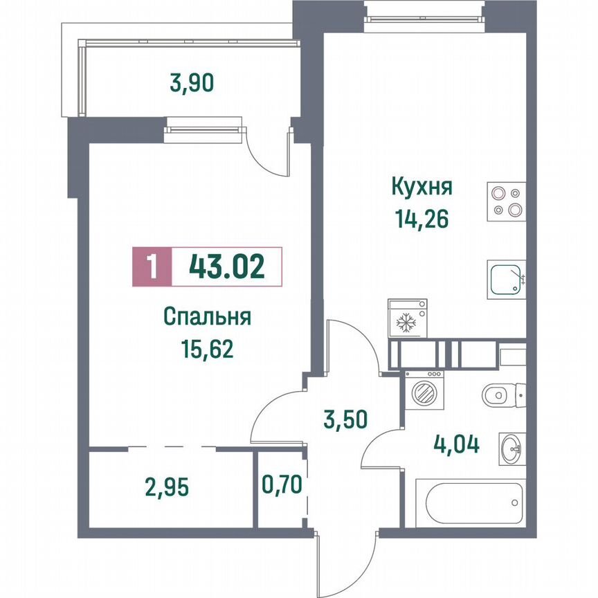 1-к. квартира, 43 м², 12/16 эт.