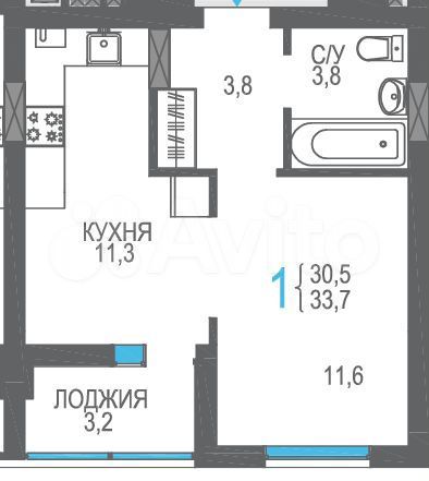 1-к. квартира, 33,7 м², 2/8 эт.