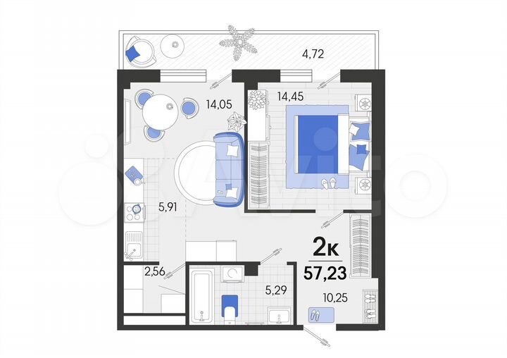 2-к. квартира, 57,2 м², 2/5 эт.