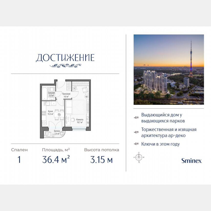 1-к. квартира, 36,4 м², 15/28 эт.