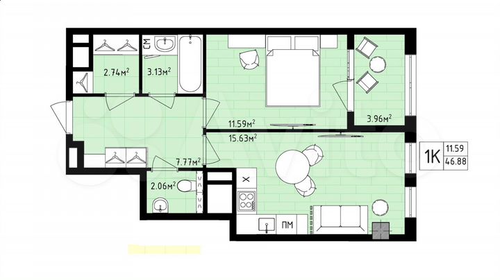 1-к. квартира, 46,9 м², 10/16 эт.