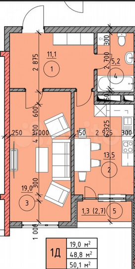 Своб. планировка, 50,1 м², 17/20 эт.