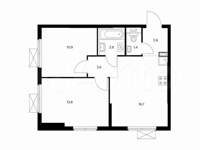 2-к. квартира, 51,1 м², 15/16 эт.