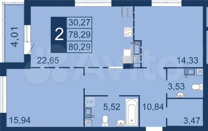 2-к. квартира, 80,3 м², 2/14 эт.