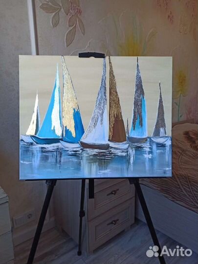 Картина на холсте с золотой и серебряной поталью