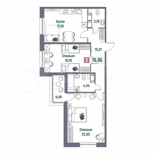 2-к. квартира, 75,1 м², 7/15 эт.