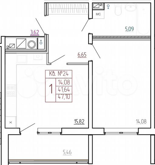 1-к. квартира, 47,1 м², 6/9 эт.