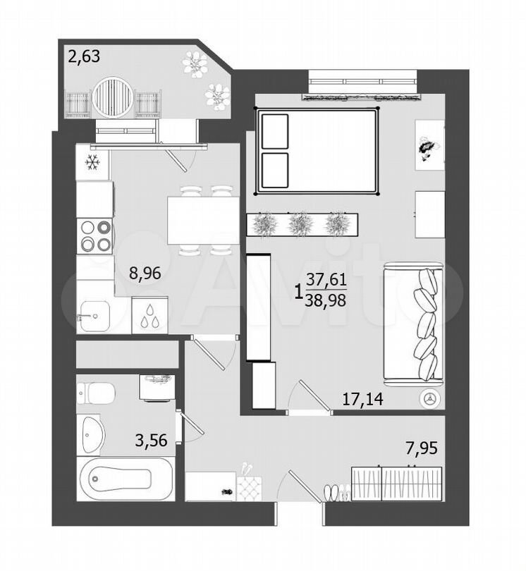 1-к. квартира, 38,7 м², 8/9 эт.